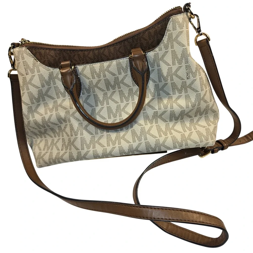 Michael Kors Monogram Satchel Crossbody Bag Brown Cream 35F1C8AS1B